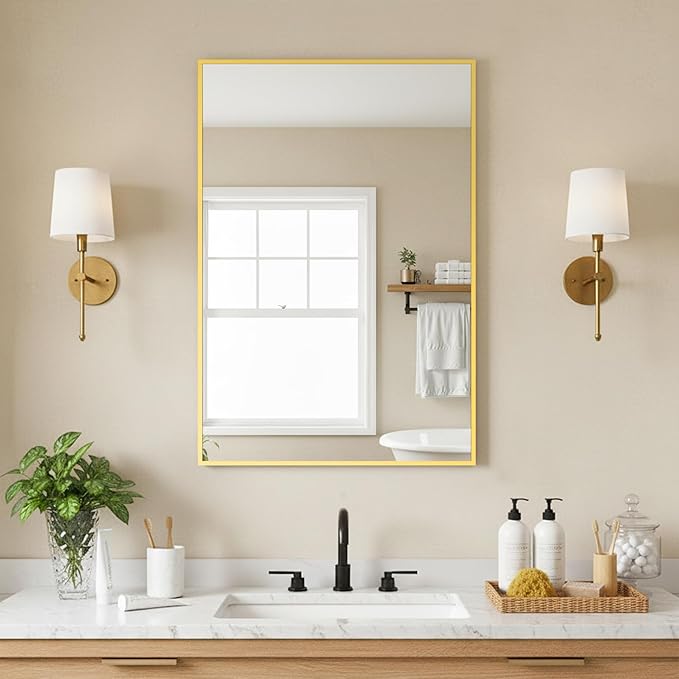FICTOR Bathroom Vanity Mirror-Gold,30x20 Inch, Shatterproof & Anti-Rust, Wall Mount Rectangle Mirrors with Metal Frame for Over Sink, Bathroom, Bedroom, Living Room,Entryway