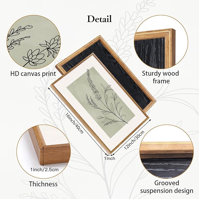 CHDITB Botanical Sage Leaf Framed Canvas Wall Art Set Of 3, Minimalist Wall Decor, Boho Nature Floral Greenery Wall Painting, Neutral Botanical Plant Art Prints For Dining Room Bedroom Decor 12”X16”