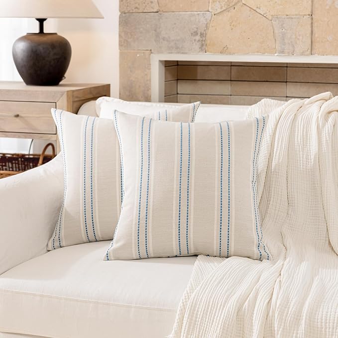 Hckot Throw Pillow Covers 16x16 Set of 2 Blue Pillow Covers Farmhouse Decorative Pillows Textured Linen Square Cushion Covers for Sofa Couch Bed Living Room Decor(Lake Blue)