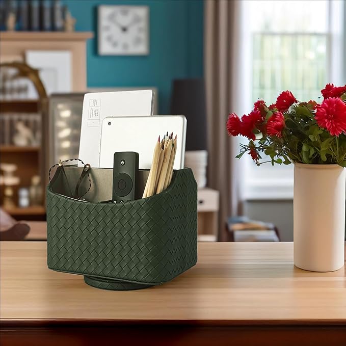 UnionBasic Rotating Desk Organizer, 360 Desk Spinning Caddy, Desktop TV Guide/Mail/Media/Remote Controller Holder Organizer, Woven Green