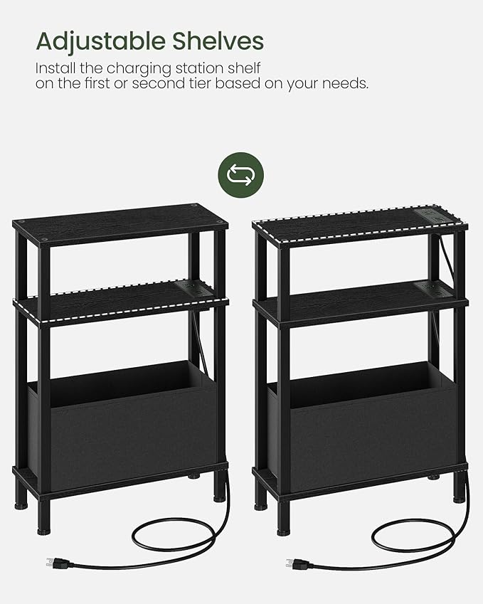Set of 2 End Tables with Charging Station, Narrow Side Table for Small Spaces, Slim Nightstand with Basket, Skinny Bedside Table, for Living Room, Bedroom, Black TBZ07UP2BBN1