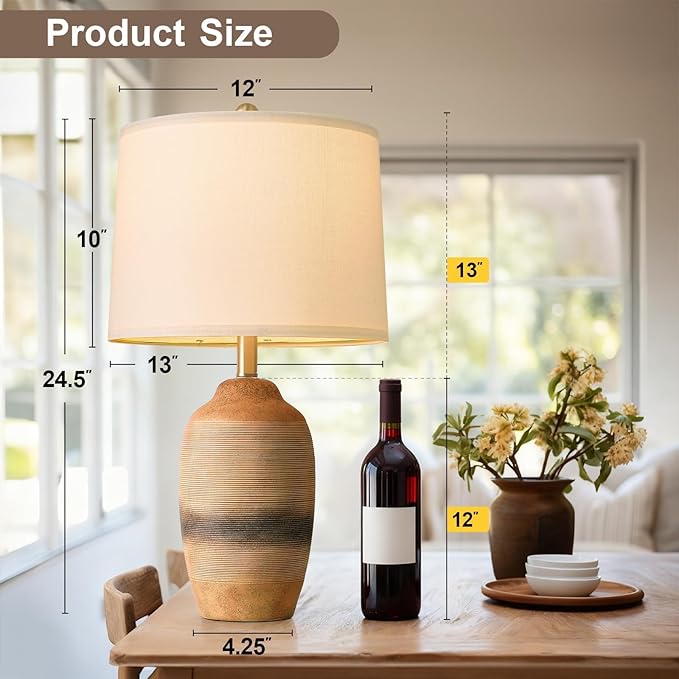 24.5" Handcrafted Ceramic Table Lamp with 5FT Cord, Single Farmhouse Vintage Rustic Bedside Lamp for Living Room Bedroom, Linen Shade Nightstand End Table Decor (Bulb Not Included)Earthy Yellow