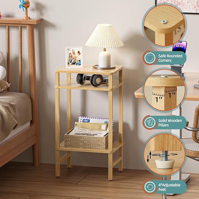 Side Table End Table Tall Night Stand 3-Tier for Living Room Bedroom Bathroom Office Furniture Natural