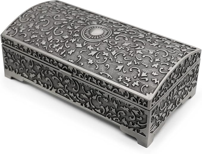 Vintage Metal Jewelry Box Small Trinket Storage Organizer Box Chest Ring Case for Girls Women, Tin Color, Medium