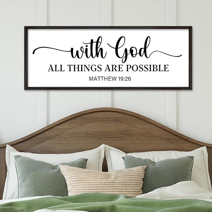 YWMZYKJGS With God All Things Are Possible Sign Wall Decor 40"×15" Matthew 19:26 Bible Verse Jesus Religious Christian Scripture Prayer Large Wooden Framed Wall Hanging Art (Black)