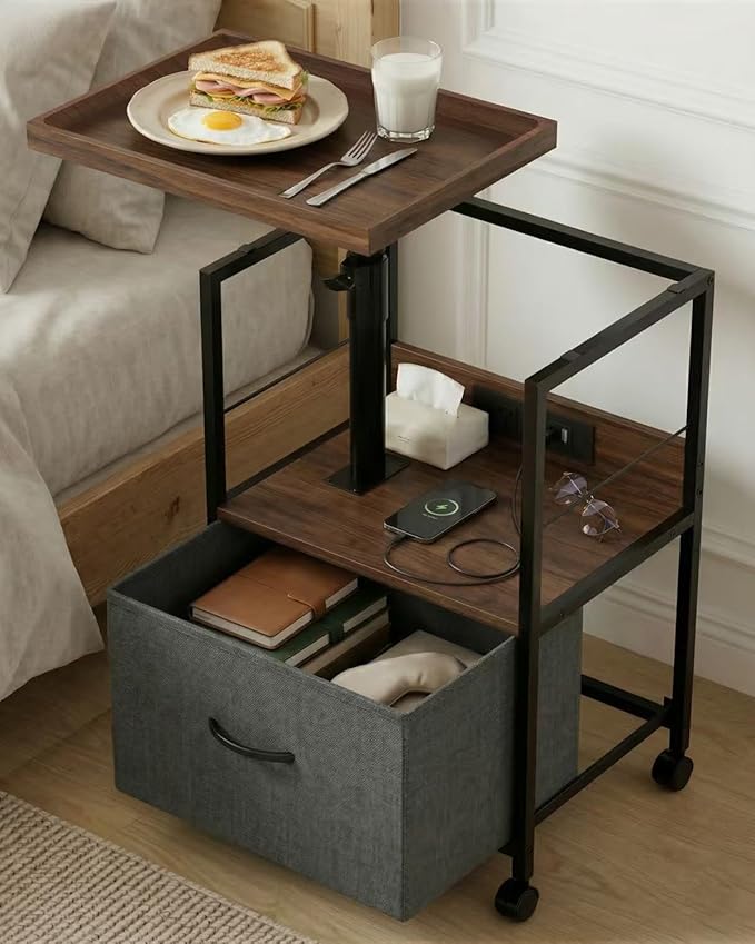 Swivel Lift Top Nightstand with Charging Station, Vacuum Forming Adjustable Bedside Table, Rolling Night Stand with Wheels, Small End Table with Fabric Drawer, for Bedroom, Living Room, Walnut Gray