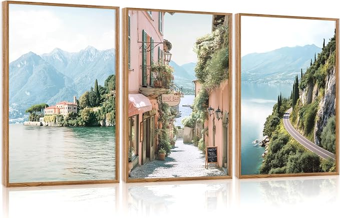 CHDITB Coastal Wall Art, Coastal Town Framed Canvas Poster, Mountain Lakeside Village Scenery Wall Decor, Modern Ocean Country Landscape Artwork for Living Room, Bedroom office decor 12"x16"x3