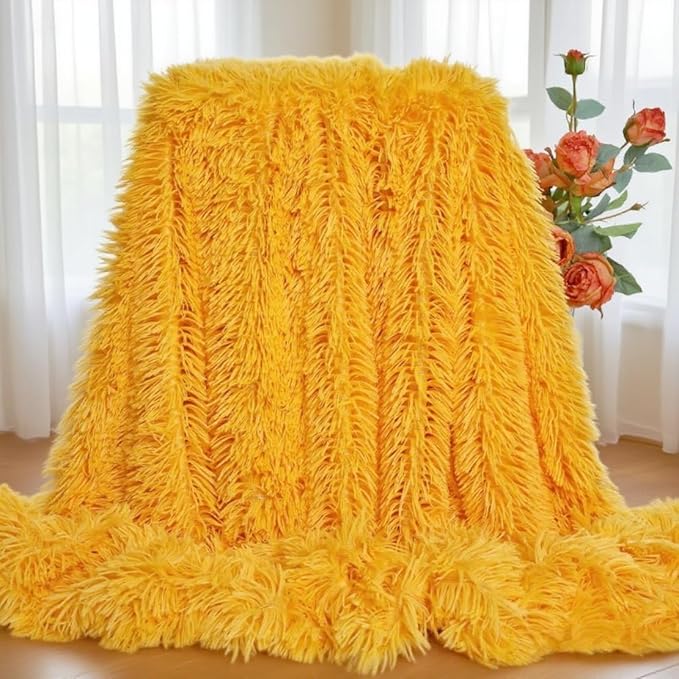 Ultra-Soft Plush Blanket - Cozy Furry Throw for Bed, Sofa, or Couch - Warm & Fuzzy Quilt in Yellow (51x63 Inches) - Perfect for Snuggling