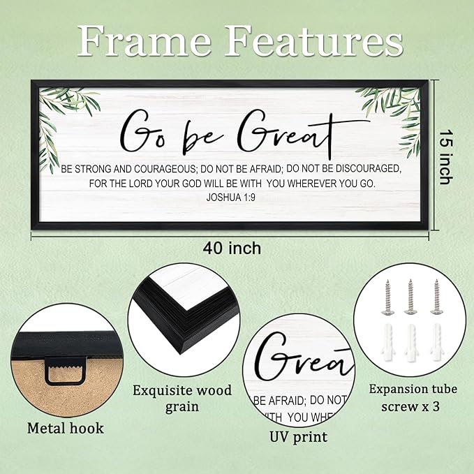 Go Be Great Wall Decor: 40x15 Inch Large Framed Bible Verse Wall Art, Joshua 1:9 Scripture Sign, Christian Wall Decor for Bedroom Living Room, Black Wooden Frame, Natural, Black