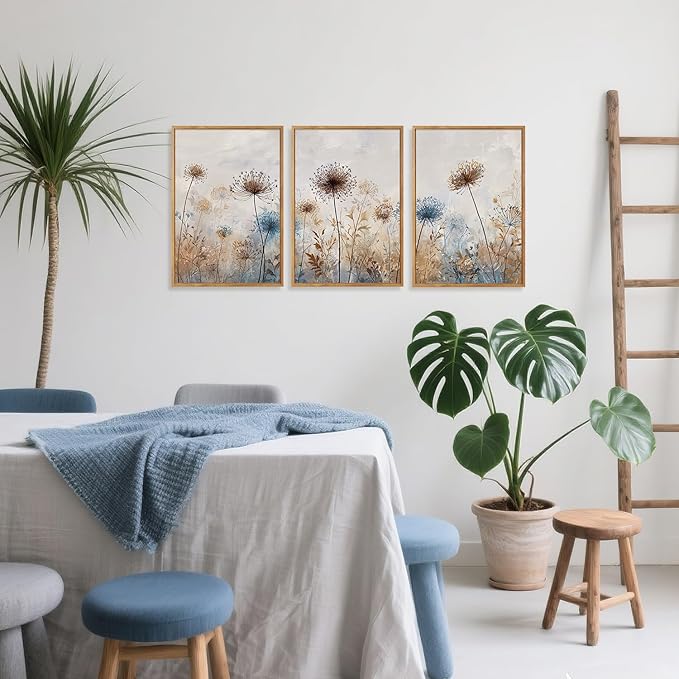 CHDITB Dandelion Wall Art Framed Canvas Wall Art Set Of 3, Dandelion Picture for Living Room, Vintage Wildflower Artwork Botanical Wall Decor, Nature Floral Art Prints for Bedroom Home Decor (12x16 Inch)