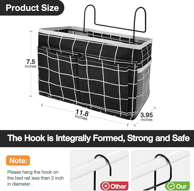 Ndeno Bedside Caddy Storage Bag Hanging Pocket Organizer for Bunk and Hospital Beds Crib,Dorm Rooms Bed Rails for Remotes Mobile Phone Keys, Glasses, Books (Black Plaid)