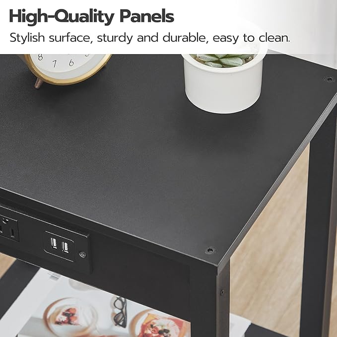 HOOBRO Side Table with Charging Station, Set of 2 End Table with USB Ports and Outlet, Nightstand with 2-Tier Storage Shelf, Faux Rattan Decoration, for Small Space, Black BK91UBZP201