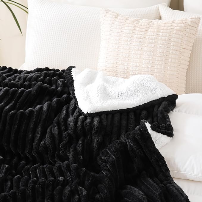 Black Sherpa Fleece Throw Blanket 90”×90” for Couch Sofa Bed,Super Soft Cozy Plush Double Side Thick Flannel Blanket with Striped Design Lightweight for Adults,Woman,Girls