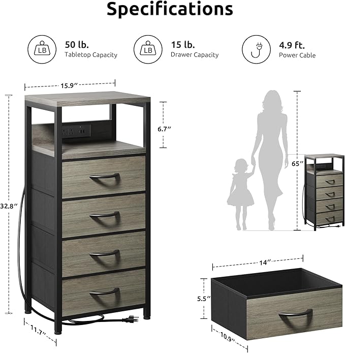 NightStand Bedside Charging Table Bedroom - Night Stand with Charger Station, Modern Nightstand with Open Shelf & 4 Fabric Drawers, End Table with USB-C USB Ports & AC Outlets for Dorm, Grey