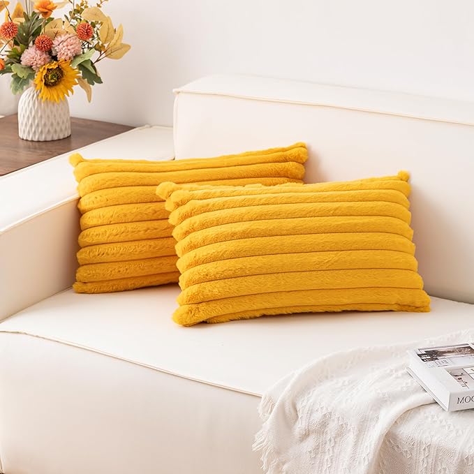 Aegero Pack of 2 Faux Fur Christmas Throw Pillow Covers 12x20 Inch, Soft Plush Striped Neutral Couch Pillow Cover, with Velvet Back Modern Home Decor for Sofa Living Room Couch Bed Yellow