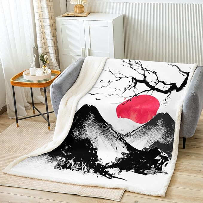 Erosebridal Mount Fuji Blanket Throw, Mountain Cherry Branches Red Sun Ink Painting Japanese Style Ukiyo-E Theme Sherpa Blanket for Sofa Lightweight, Baby 30"x40", Black White Grey