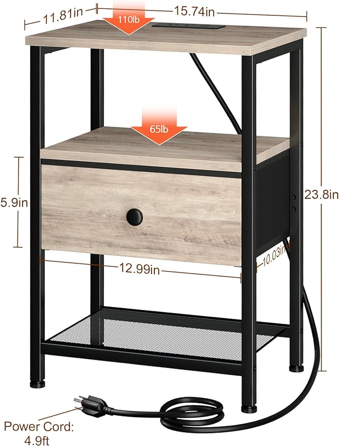 Night Stand with Charging Station, Small Bedside Table with Fabric Drawer, Nightstand with USB Ports & Outlets for Bedroom, Living Room, Grey, HETS010GY-1