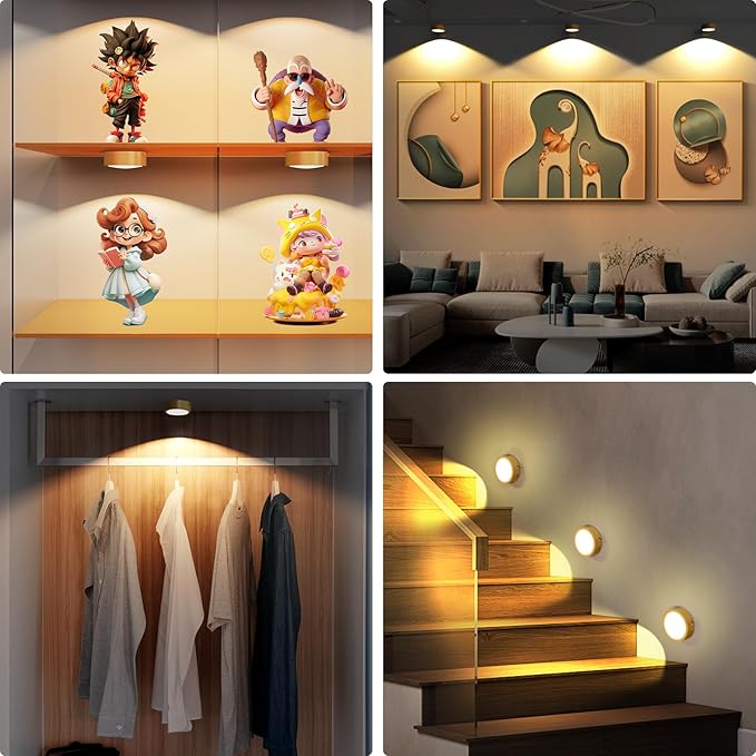6 Pack Picture Lights for Wall, Rechargeable Battery Operated Wall Lights, Picture Frame Lights with 3 Lighting Modes, Wireless Magnetic Painting Light with Remote Control Timer, (Golden)