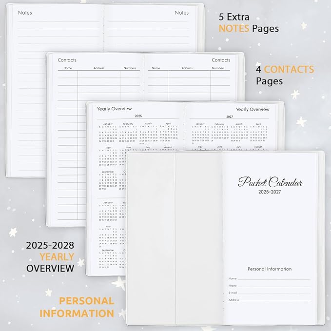 Pocket Calendar 2025-2027, Purse Monthly Planner, Runs from June 2025 Until December 2027, 3.7" x 6.7", Pocket Calendar with Star PVC Cover for Office