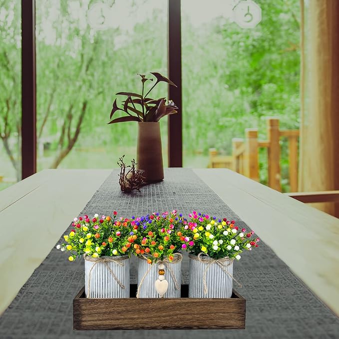 Table Centerpiece Decoration Artificial Flower Set with 3 Fake Milan Bouquet and Wood Tray for Desk Home Bathroom Office Décor