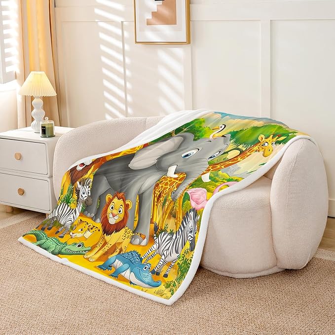 Giraffe Fleece Blanket Lemur Rhino Lion Sherpa Blanket Cartoon Safari Animals Blanket Throw for Kids Boys Girls Elephant Hippo Camel Snake Jungle Zoo Fuzzy Blanket Throw 50"x60" Child Room Sofa Decor