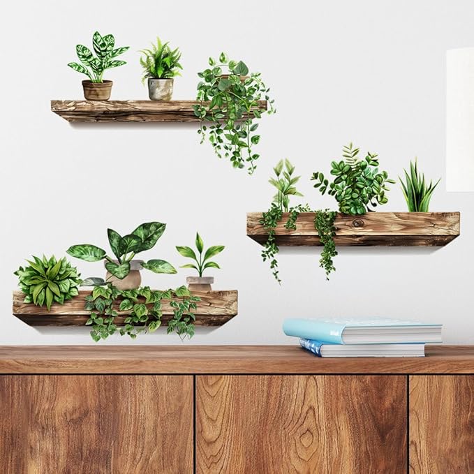 3 Pack 3D Potted Plants Wall Stickers Removable Tropical Nature Plants Wall Decals for Living Room Bedroom Kitchen