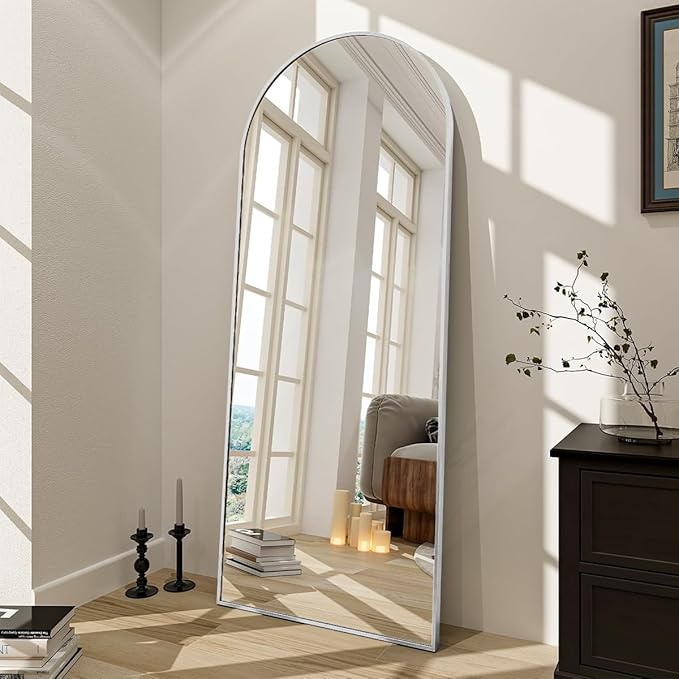 BEAUTYPEAK 65"x24" Full Length Mirror, Arch Full Body Floor Mirror, Wall Mirrors Hanging or Leaning Arched-Top with Stand for Bedroom, Dressing Room, Living Room, Silver