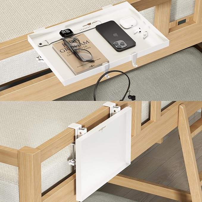 Bedside Shelf Foldable, Metal Clip-On Bunk Bed Table Shelf for Top Bunk Heavy Duty Bed Side Table Tray for College Dorm Room Essentials, Loft Nightstand Organizer Tray with 1 Cord Hole(White)