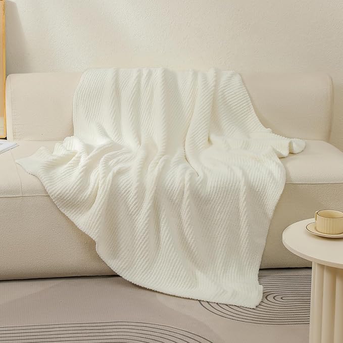 bearberry Soft Rib Knit Blanket Thin Warm & Breathable - Snuggly Minky Throw for Everyday Use, Travel, Chair | All-Season Machine Washable for Couches, Gifts, Family (Cream, 50”x60”)