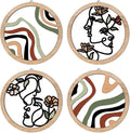 HPNIUB Boho Fashion Woman Wall Decor, Abstract Geometric Line Hanging Wooden Wall Art, 4 Pieces 10''x10'' Minimalist Aesthetic Female Women Face and Floral Wood Sign for Bedroom Living Room, Lady Gift