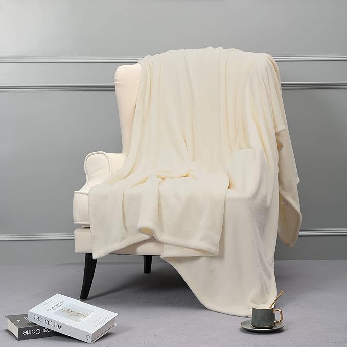 NANPIPER Fleece Blankets, Super Soft Flannel Queen Size Blanket for Bed, Luxury Cozy Microfiber Plush Fuzzy Blanket,Ivory White