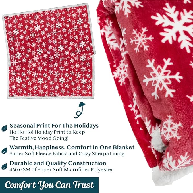 PAVILIA Red Snowflake Christmas Sherpa Throw Blanket, Ultra Soft Reversible Fleece Sherpa 60x80 Winter Blanket for Couch & Bed, Cozy Christmas Home Decor