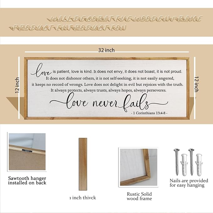 comurdyo Love is Patient Kind Sign 1 Corinthians 13:4-8 Wall Art Bible Verses 32X12 Inch Love Never Fails Wall Decor for Master Bedroom Above Bed (Wood)