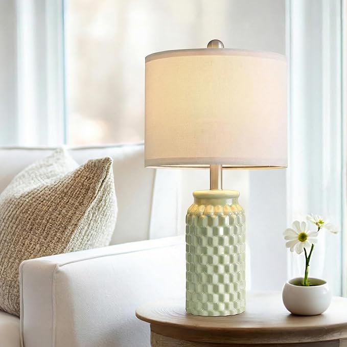 20.5" Small Bedside Lamps Set of 2 with 5FT Cord, Green Ceramic Modern Farmhouse Table Lamps for Nightstand, Living Room, Bedroom, 3D Honeycomb Stylish End Table Lamps(Bulb Not Included)
