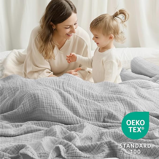 100% Cotton Muslin Blanket California King 120" x 90", 6 Layers Breathable and Lightweight Oversized Blankets for Bed, Soft Cooling Gauze Blanket for Adults All Season, Light Grey