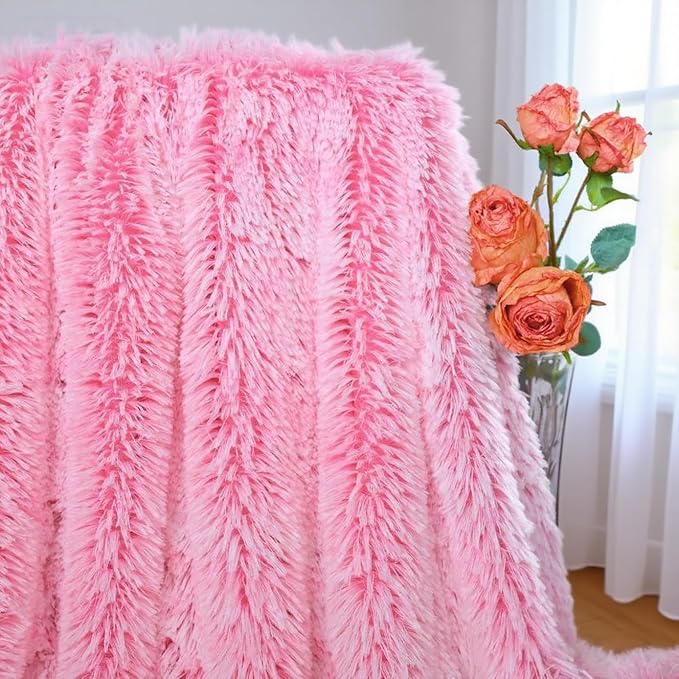 Plush Super Soft Blanket Bedding Sofa Cover Furry Fuzzy Fur Warm Throw Qulit Cozy Couch Blanket for Winter (63"x79",Pink and White)