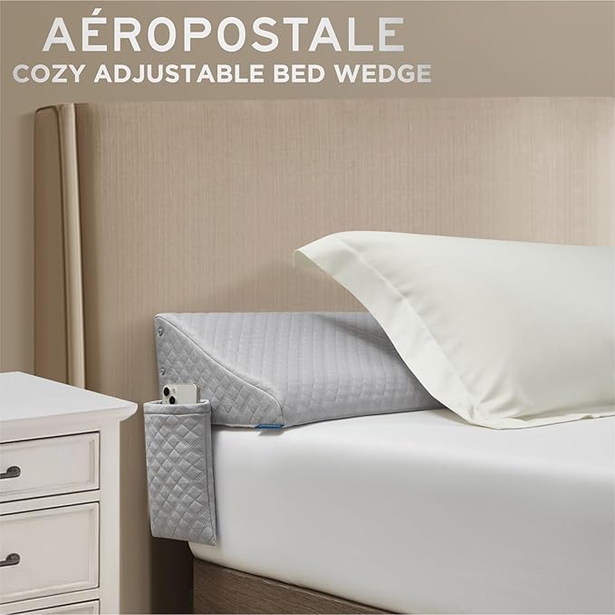 Aeropostale Foam-Filled Bed Wedge Pillow for Twin Beds – Dorm, Kids & Teen Rooms – Headboard Gap Filler with Side Pocket for Bedside Essentials, Grey