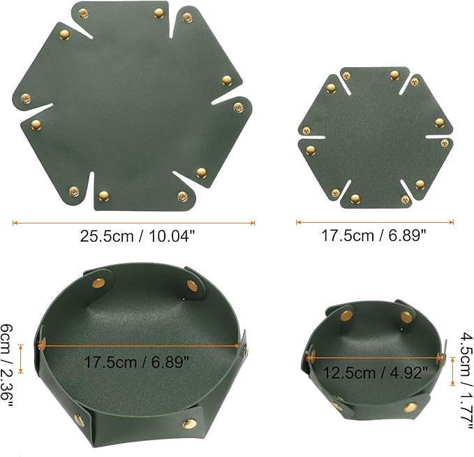 HARFINGTON 2pcs PU Leather Valet Tray Unisex Valet Tray Folding Round Catchall Tray Portable Entryway Table Tray Nightstand Bedside Desk Tray for Key Watch Coin Jewelry Dice, Dark Green