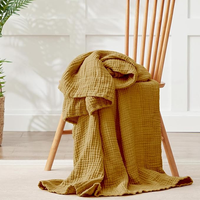 100% Cotton Muslin Blanket 50"x 60", 6 Layers Breathable and Lightweight Cotton Throw Blankets for Couch, Soft Cooling Summer Gauze Blanket for Adults All Season, Mustard