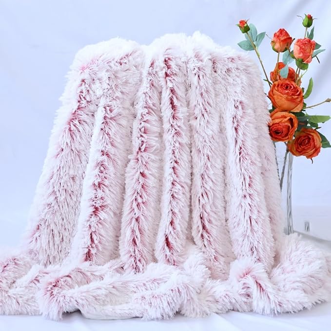 Plush Super Soft Blanket Bedding Sofa Cover Furry Fuzzy Fur Warm Throw Qulit Cozy Couch Blanket for Winter (51"x63",Wine Red and White)