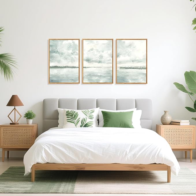 CHDITB Serene Lake And Sky Framed Canvas Wall Art Set Of 3, Minimalist Wall Decor, Modern Cloudscape Painting, Neutral Abstract Nature Blue Art Prints For Zen Yoga Bedroom Decor (12X16Inch)