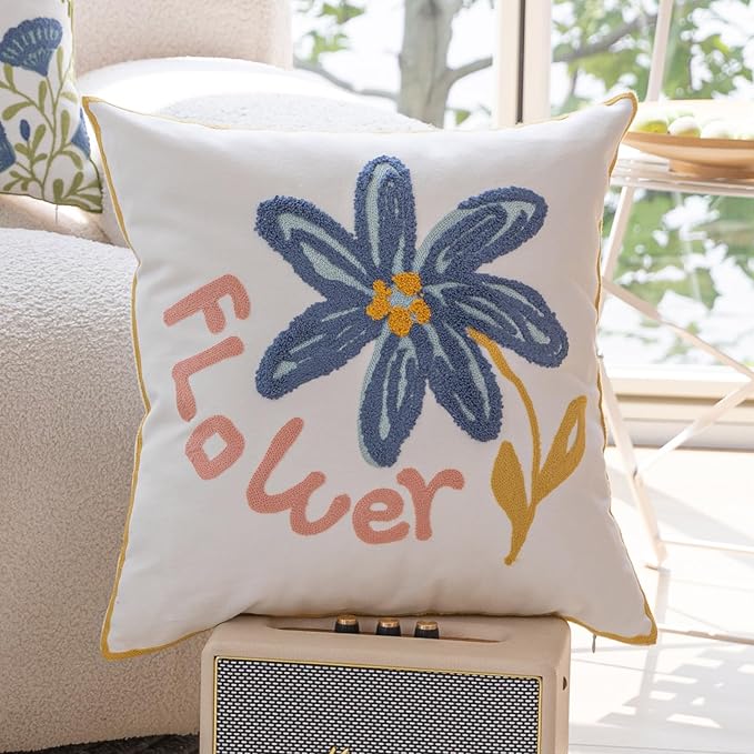YIcabinet Pillow Covers Set of 2, Embroidered Blue Flower Pattern Throw Pillow Cover,Square Cotton Cushion,Pillow Case for Sofa Bedroom Couch,18"x18"