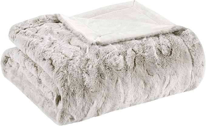 Madison Park Zuri Soft Plush Luxury Oversized Faux Fur Throw Animal Stripes Design, Faux Mink On The Reverse, Modern All Seasons Blanket for Bed, Sofa Couch, Office, Snow Leopard, 60x70