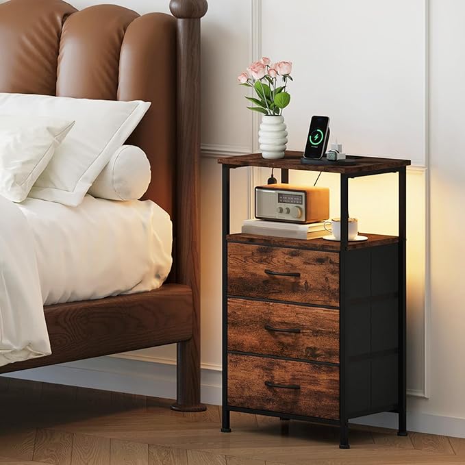 Somdot Nightstands Set of 2,Bedside Tables with Charging Station and LED Lights,Night stand with 3 Fabric Drawers, End Tables with Open Shelf for Bedroom Living Room Entryway Hallway, Wood Grain Print
