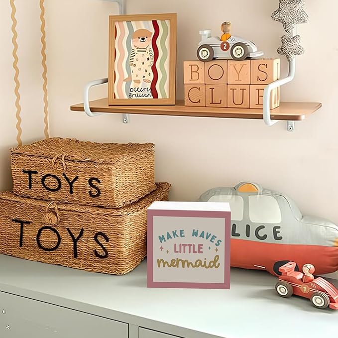 Lacama Mermaid Girls Room Decor Wooden Box Sign, Ocean Nursery Decorations Wood Block Signs, Make Waves Little Mermaid Wood Sign for Baby Little Girls Room Bedroom Desk Shelf Wall Decor 5x5 Inches