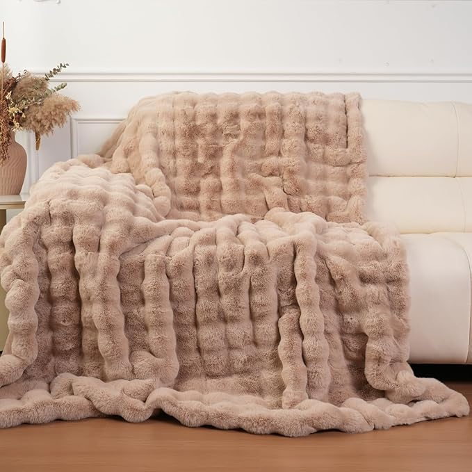 Super Comfort Oversized Warm Thick Bubble Luxury Plush Rabbit Faux Fur Throw Blanket, Fluffy Blanket,Soft Cozy Blanket for Couch Chair Bed Sofa Living Room (Wheat, 50inX60in)