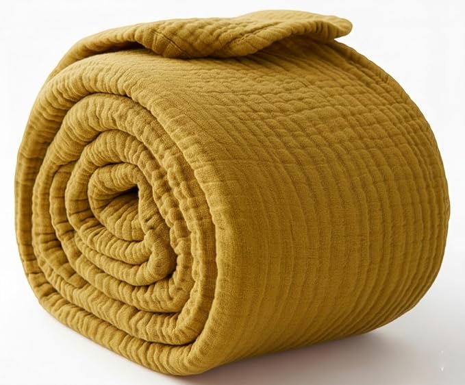KyraHome 100% Cotton Muslin Throw Blankets for Couch, 50"x60" Pre-Washed Plant Dyed, Breathable, Lightweight Muslin Throw Blankets for Adults, All Season, Mustard Yellow