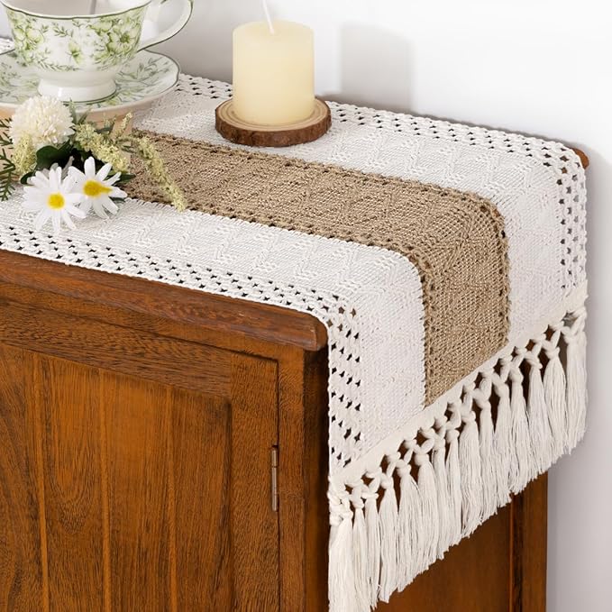 Socomi Boho Table Runner Easter Spring Farmhouse Rustic Dining Kitchen Centerpiece Decor Small Macrame Woven Cotton Linen Coffee Table Runner for Dresser Scarf Home Decor 12x72 inch