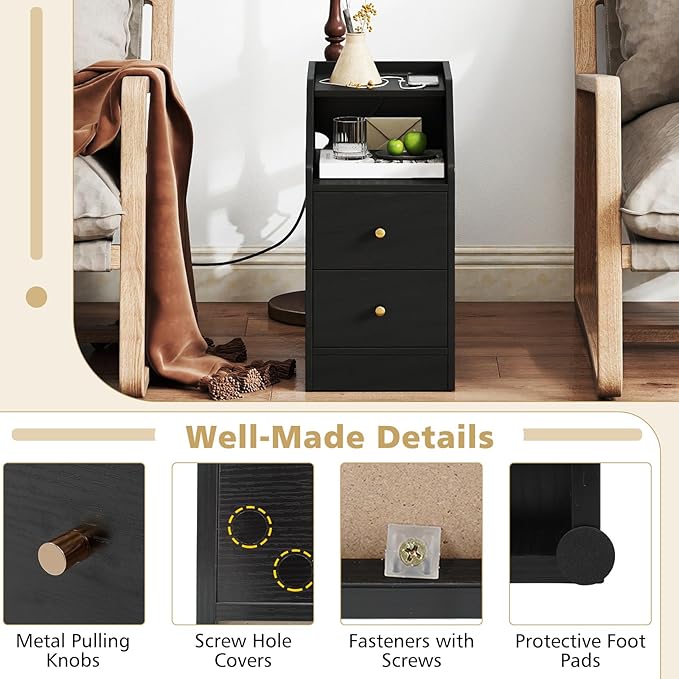 KOMFOTT Set of 2 Side Tables with Charging Station, End Tables with Storage Drawers, Sofa Couch Tables for Small Space, Modern Narrow Nightstands for Bedroom (Black,2)