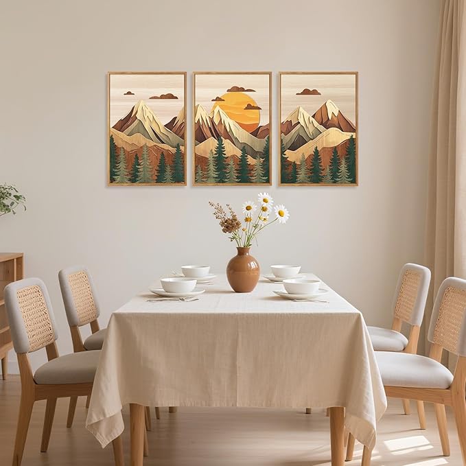 CHDITB Mountain Landscape Framed Wall Art Set, Neutral forest Wall Decor, Nature Pine Tree Sunset Wall Painting, Large Vintage Wood Mountain Art Prints For Living Room Bedroom Office Decor 12”X16”x3